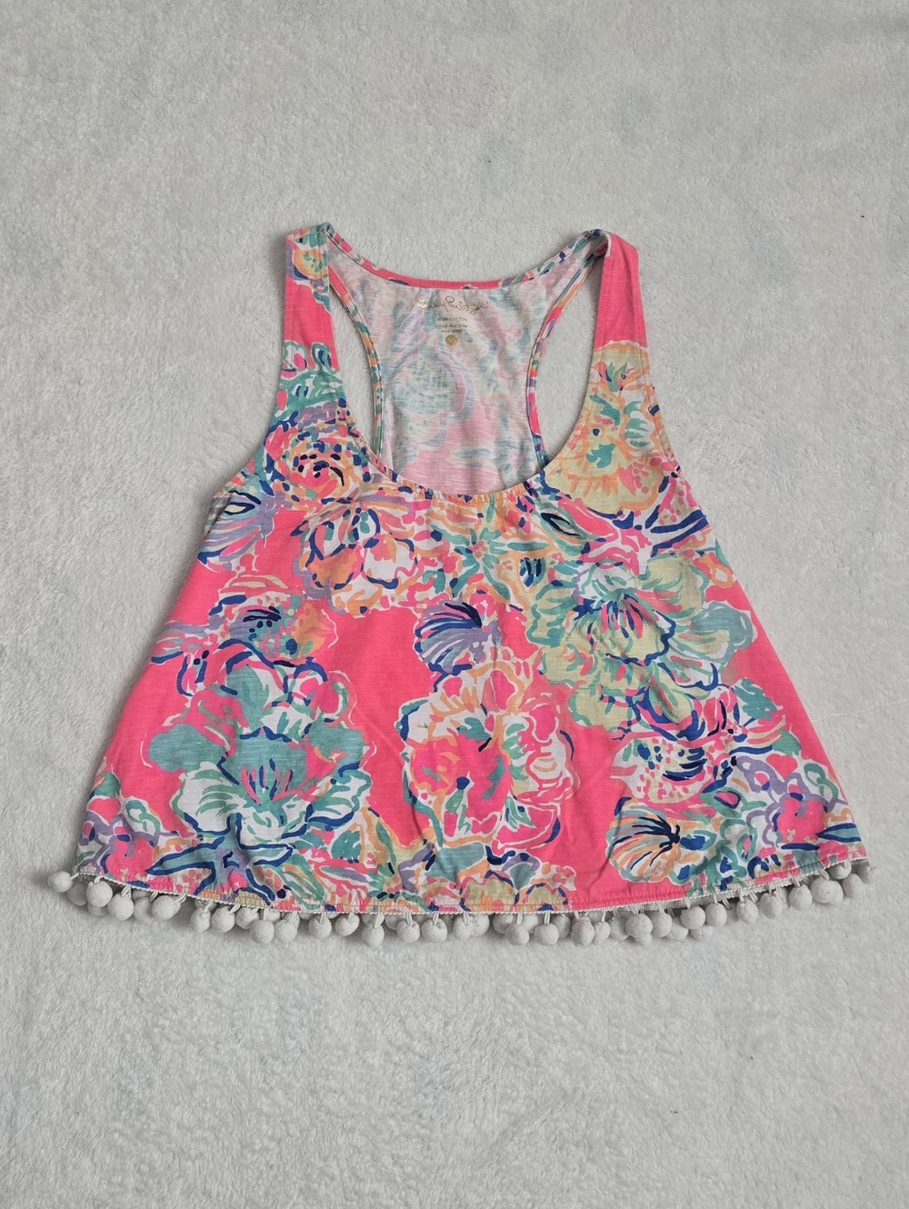 LILLY PULITZER Tank Top Shirley Island Seacret Pom Pom Hem Cropped Shirt Size XS